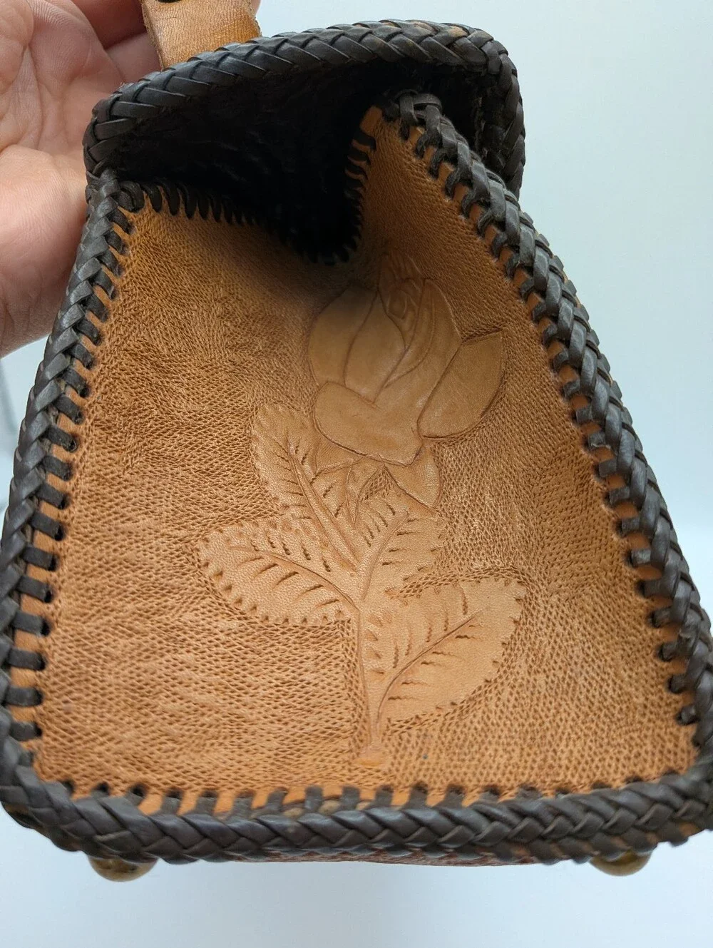 Vintage 70s Hand Tooled Floral Leather Top Handle Bag Purse
